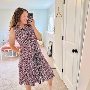 Boden Red White Blue Cotton Floral Button Front Belted MIDI Dress 14R